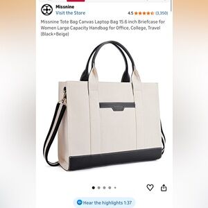 MISSNINE by Amazon Beige and Black Canvas Tote Bag Laptop Bag Travel Bag